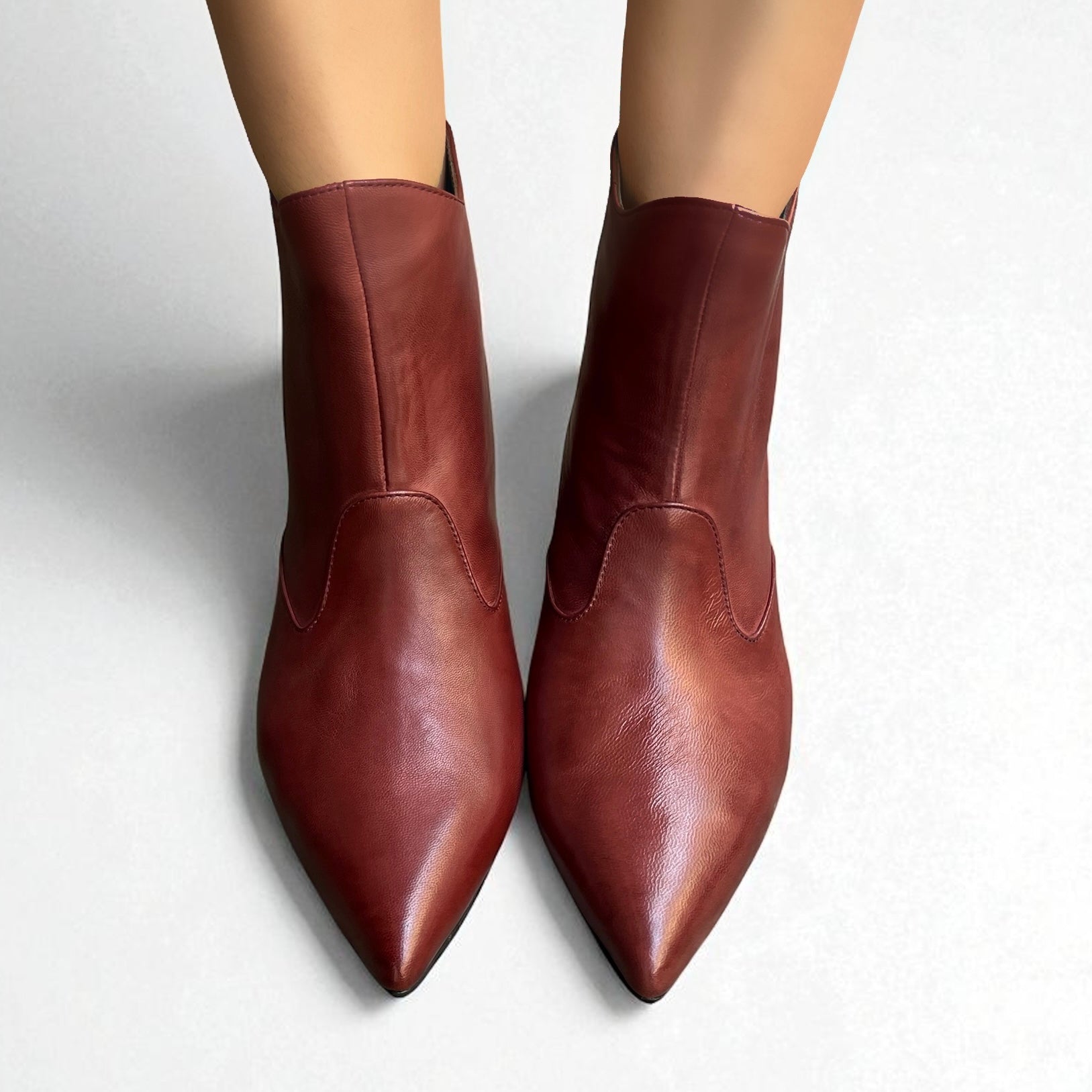 Mahogany leather ankle boot, 55mm heel.