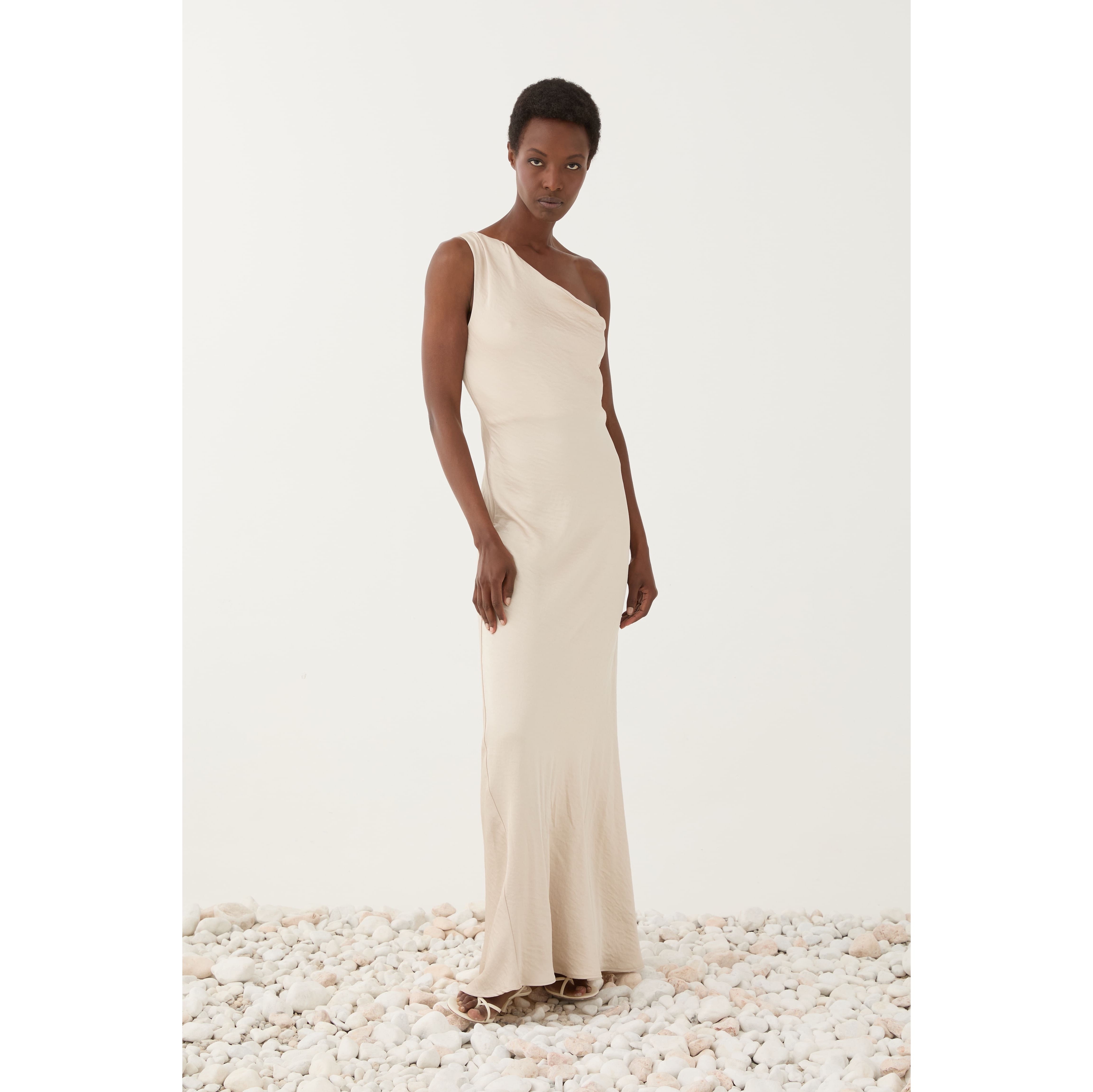Ecru one-shoulder long dress