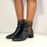 Black and brown leather and suede zip-up ankle boot