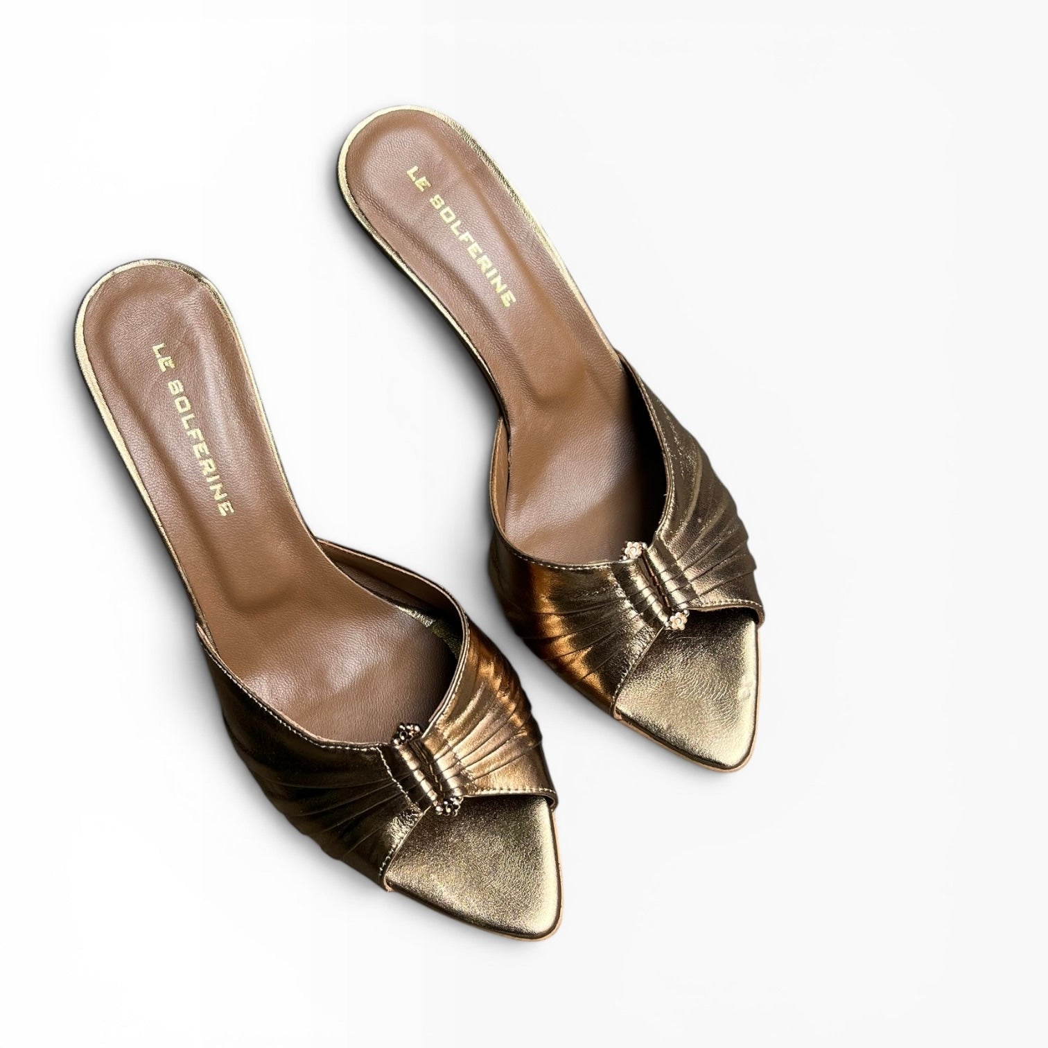 Mule a punta con tacco 80 in pelle bronzo