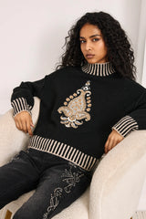 Maglione nero con motivo paisley ricamato