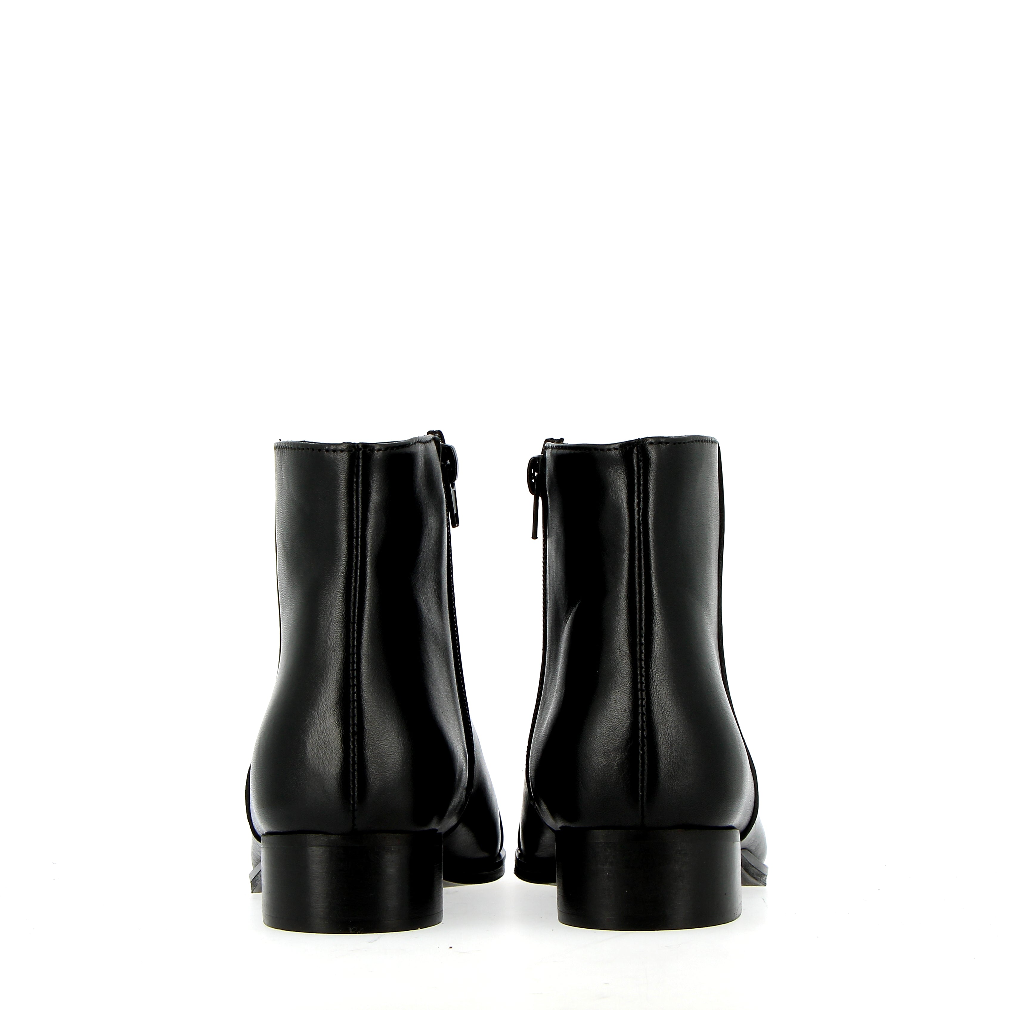 Black leather tuxedo ankle boot with patent leather toe cap