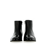 Black leather tuxedo ankle boot with patent leather toe cap