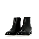 Black leather tuxedo ankle boot with patent leather toe cap