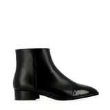 Black leather tuxedo ankle boot with patent leather toe cap