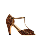 Bronze sandal in glitter and leather