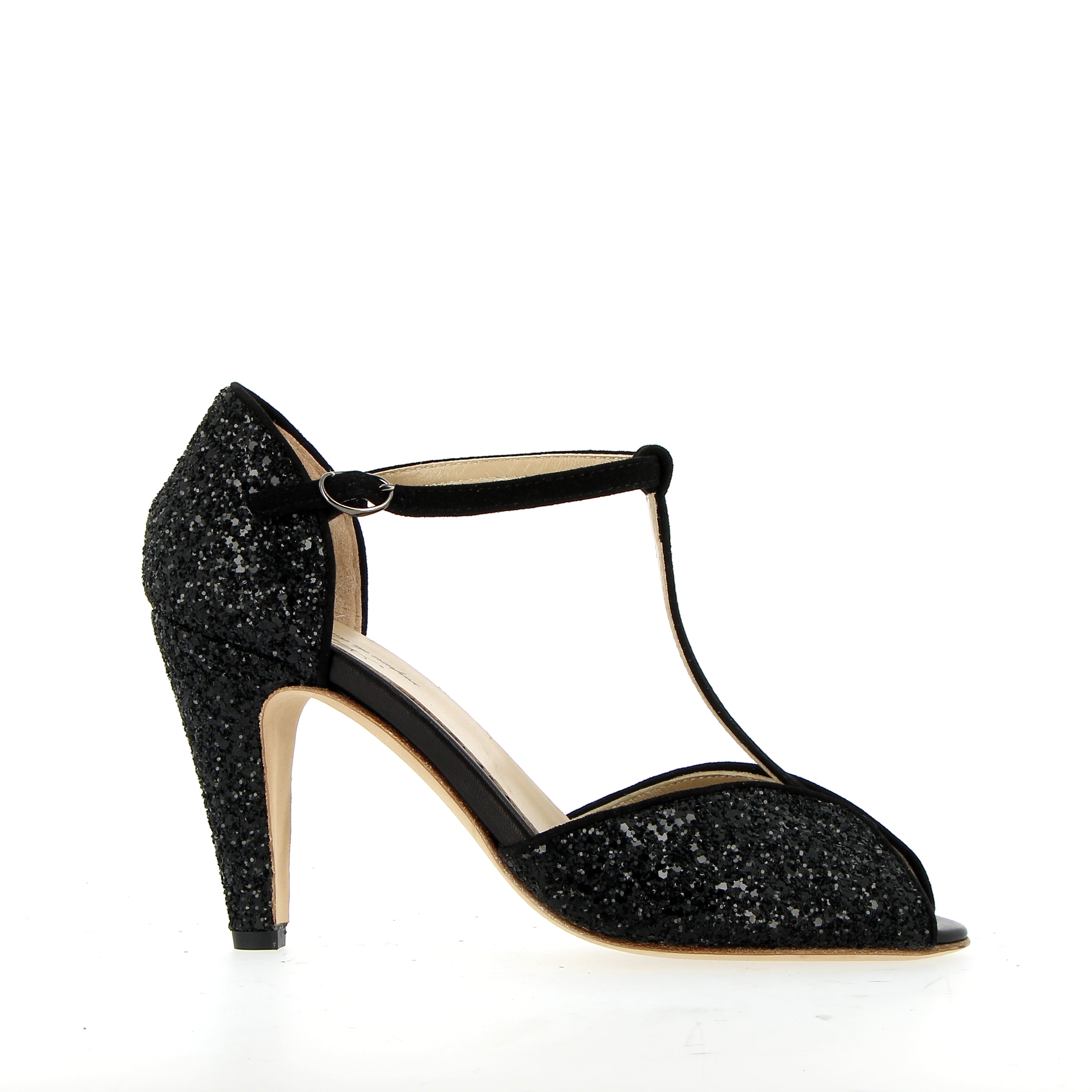 Black glitter and suede sandal