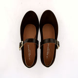 Suede ballerina flats in black with a strap.