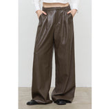 Pantaloni a gamba larga in similpelle marrone