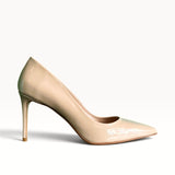 Pointed pumps in shiny nude leather, heel 85