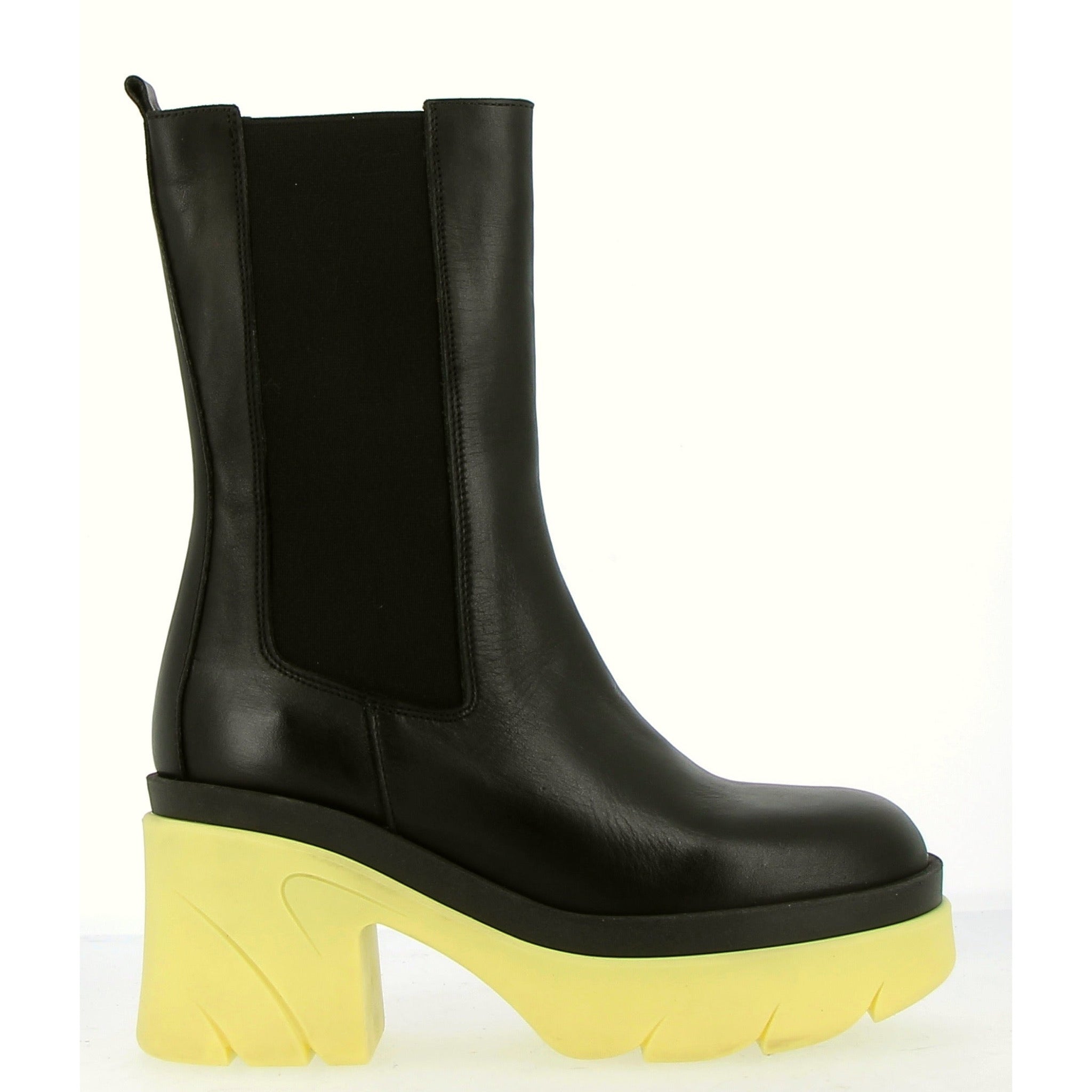 Black ankle boot with yellow rubber sole