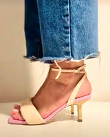 Sandalo tacco medio in nappa nude e pink