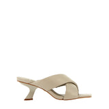 Crossed sandal in soft light gray nappa leather with medium heel