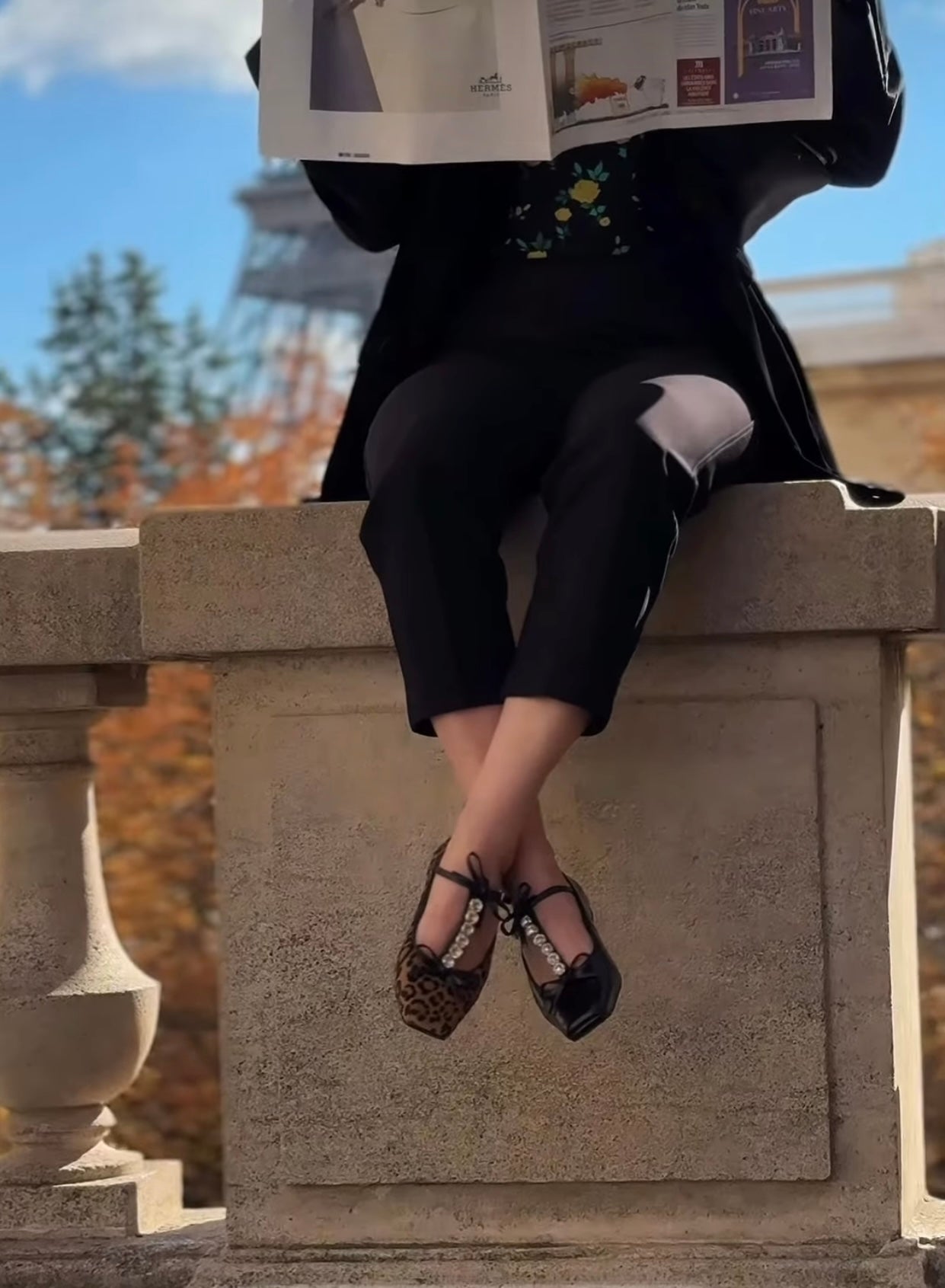 Leopard-print ballerina flats with strap and embellishment