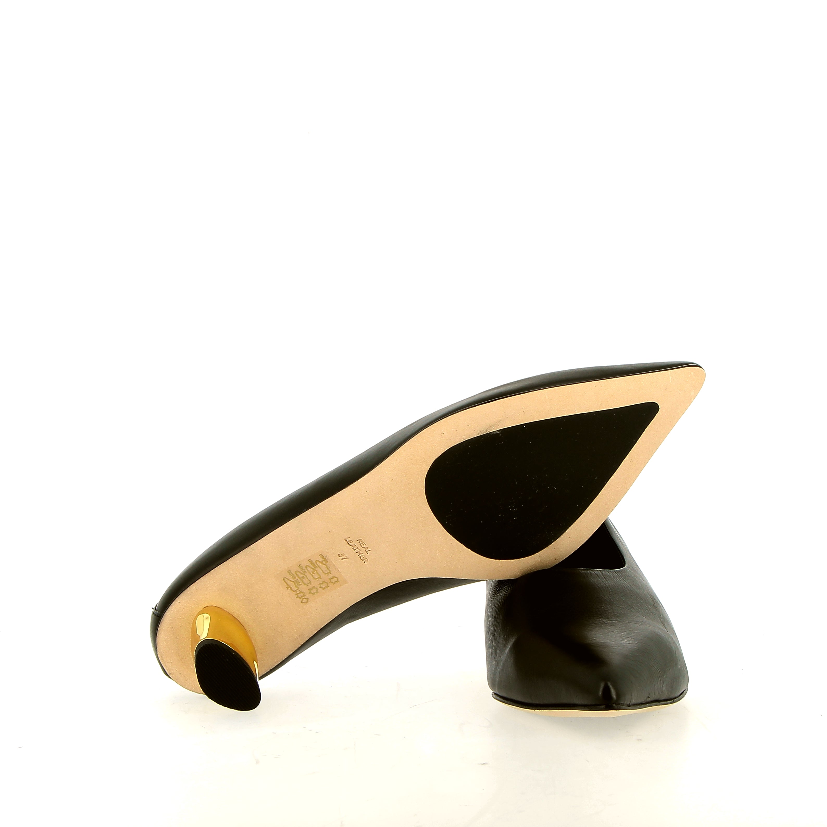 Decolleté in pelle nera tacco basso oro