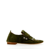 Studded green suede moccasin