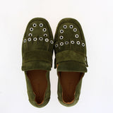 Studded green suede moccasin