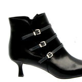 Black leather pointed ankle boot with straps