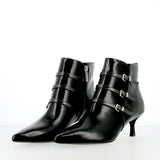 Black leather pointed ankle boot with straps