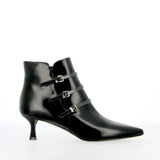 Black leather pointed ankle boot with straps