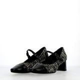 Grey black tweed fabric shoe with strap and toe