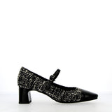 Grey black tweed fabric shoe with strap and toe