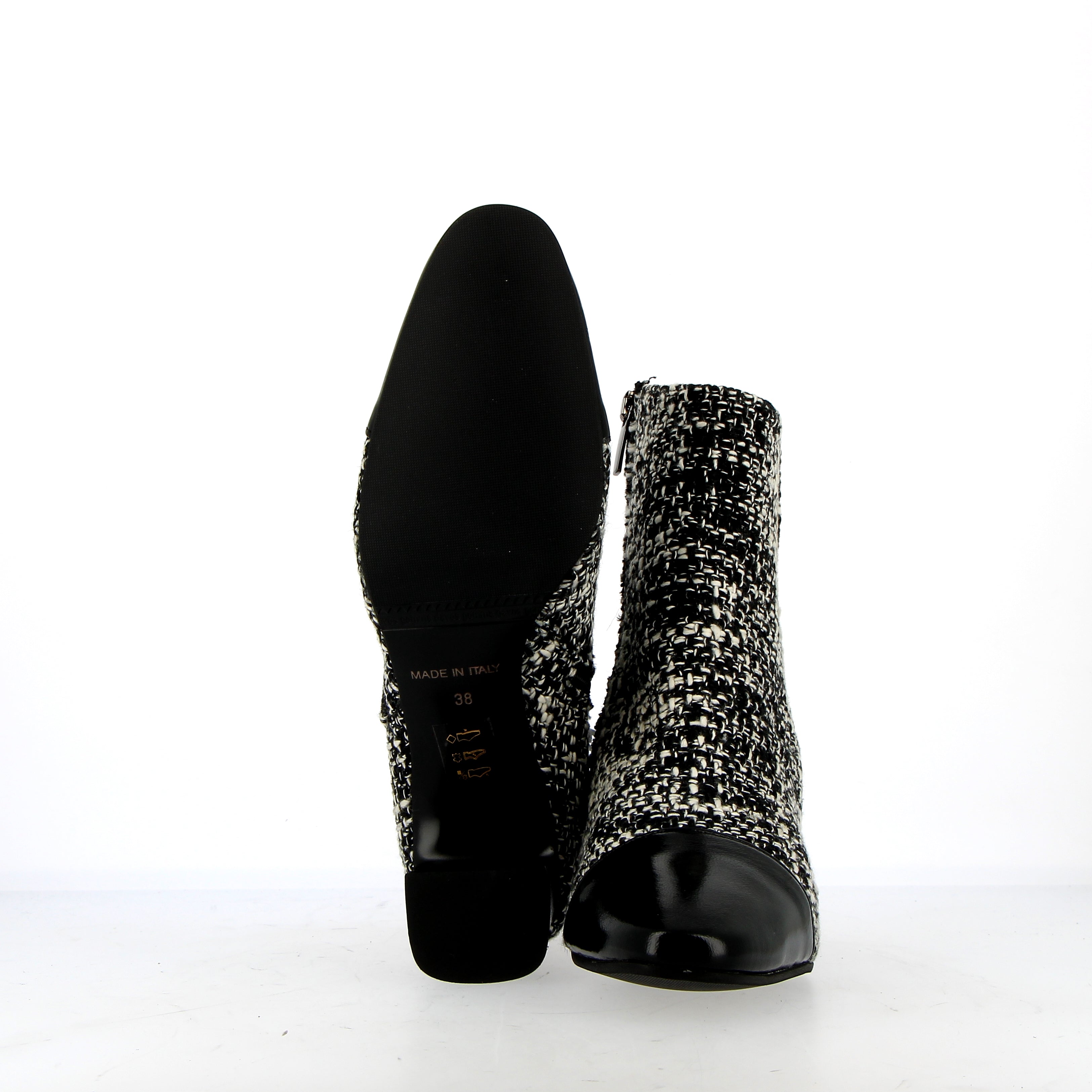 Black and grey tweed ankle boot with toe cap