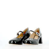 Black patent ballerina on heel with straps