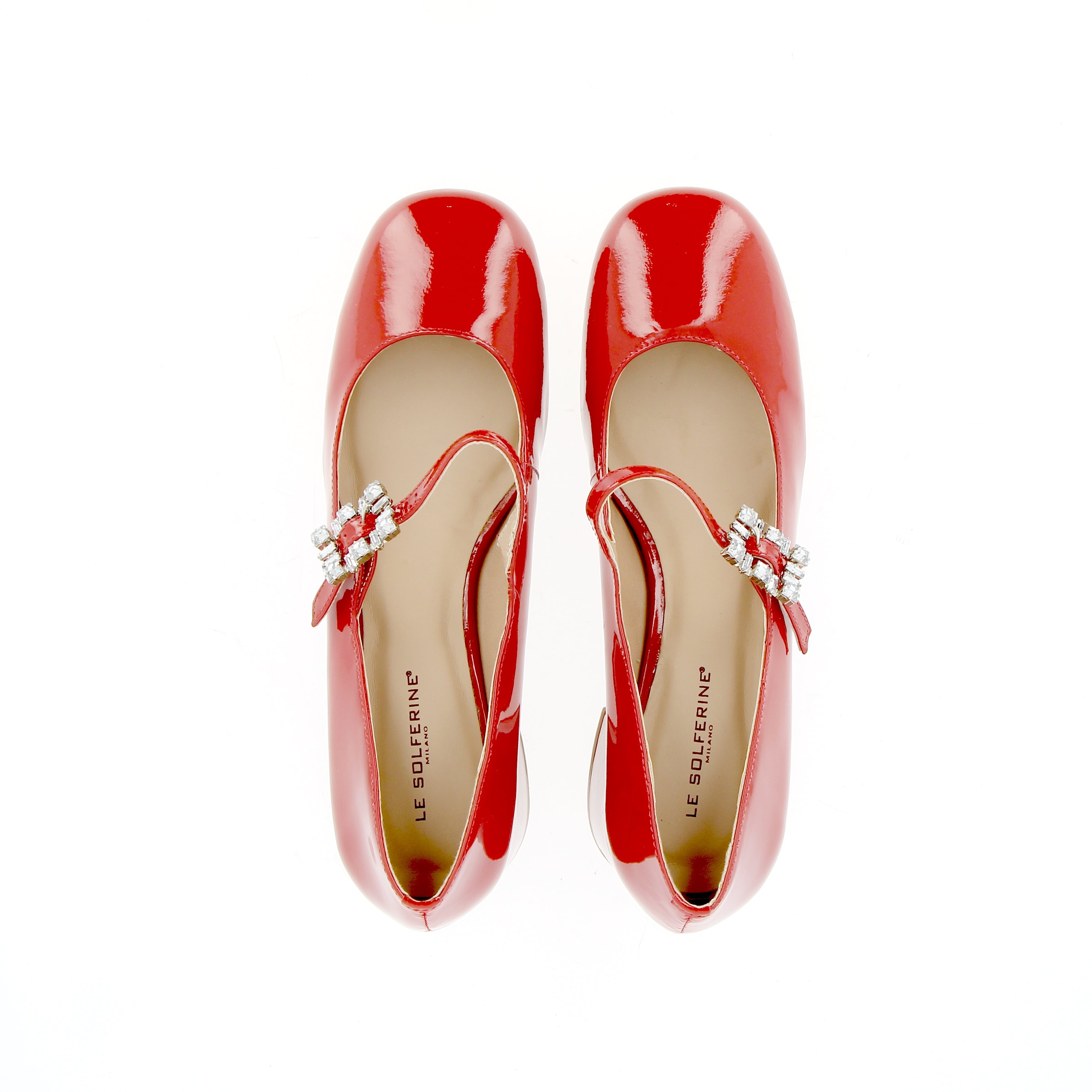 Red patent leather ballerina with buckle strap