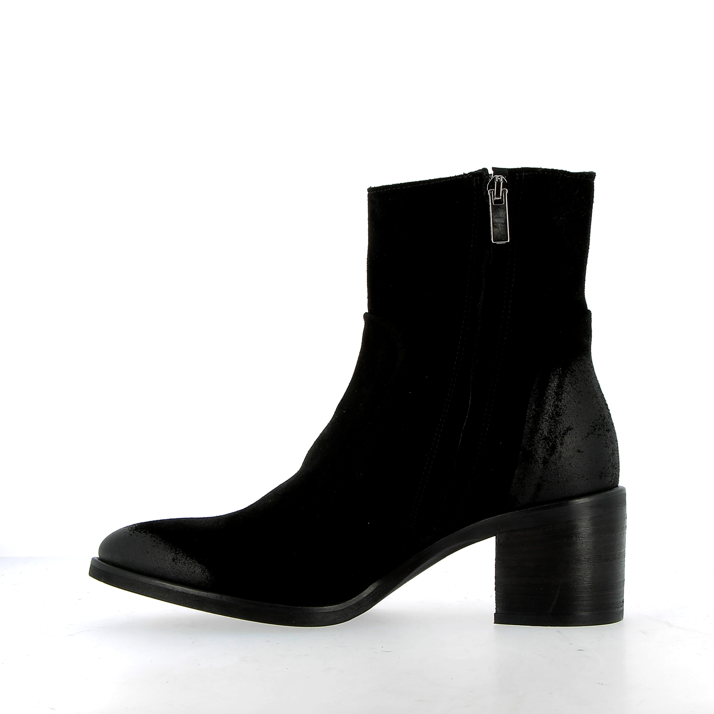 Black suede zip-up ankle boot