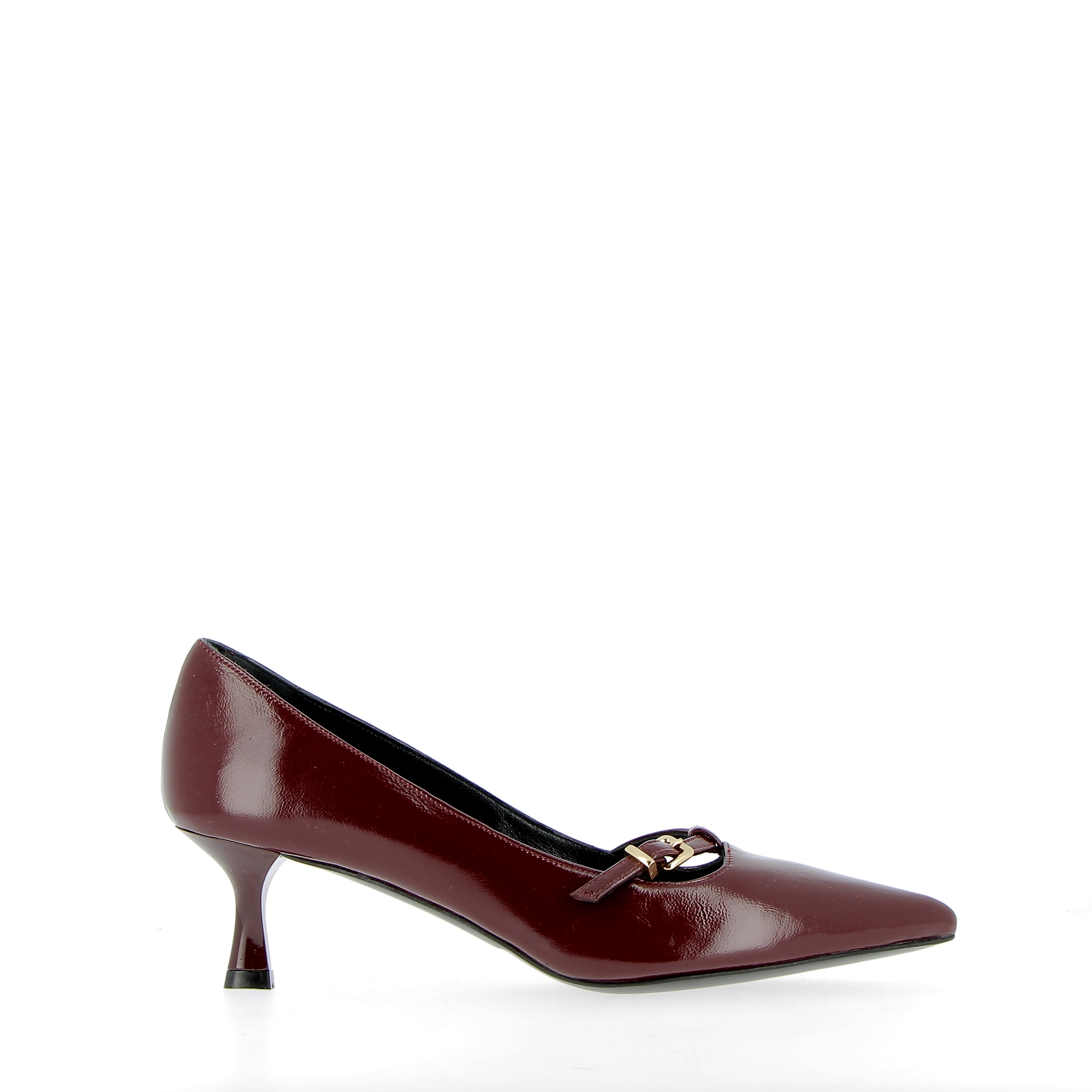 Cherry patent leather pump with strap