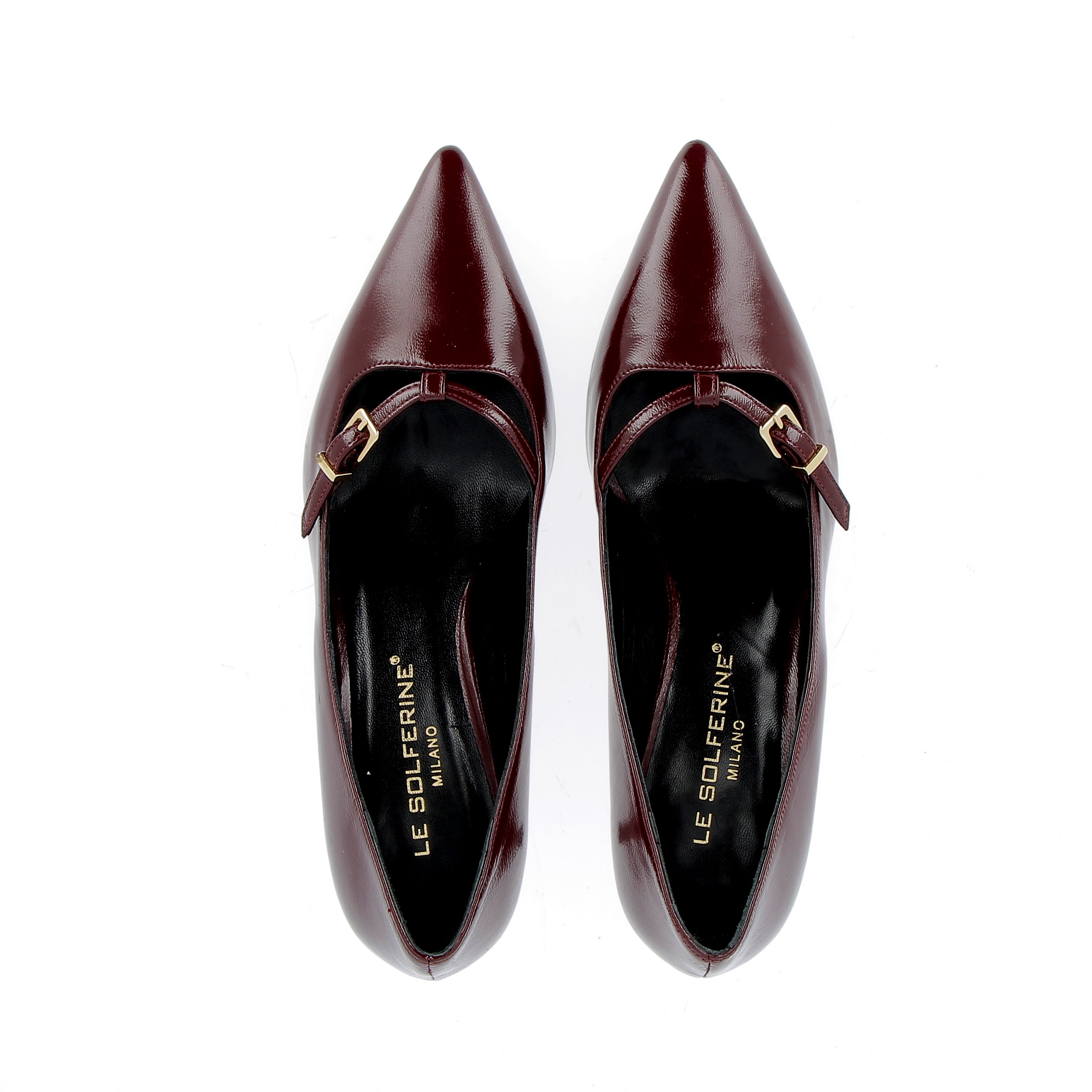 Cherry patent leather pump with strap