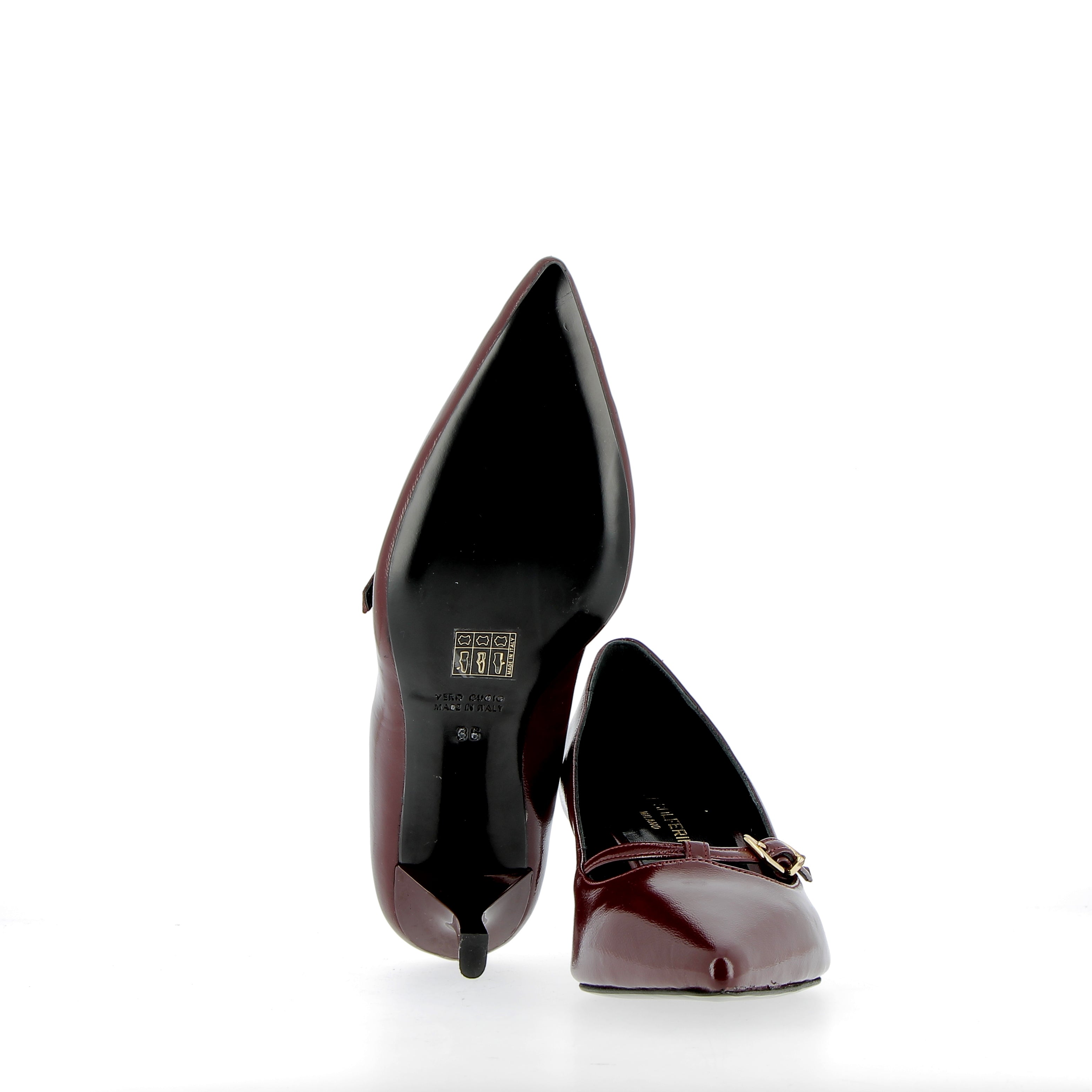 Cherry patent leather pump with strap