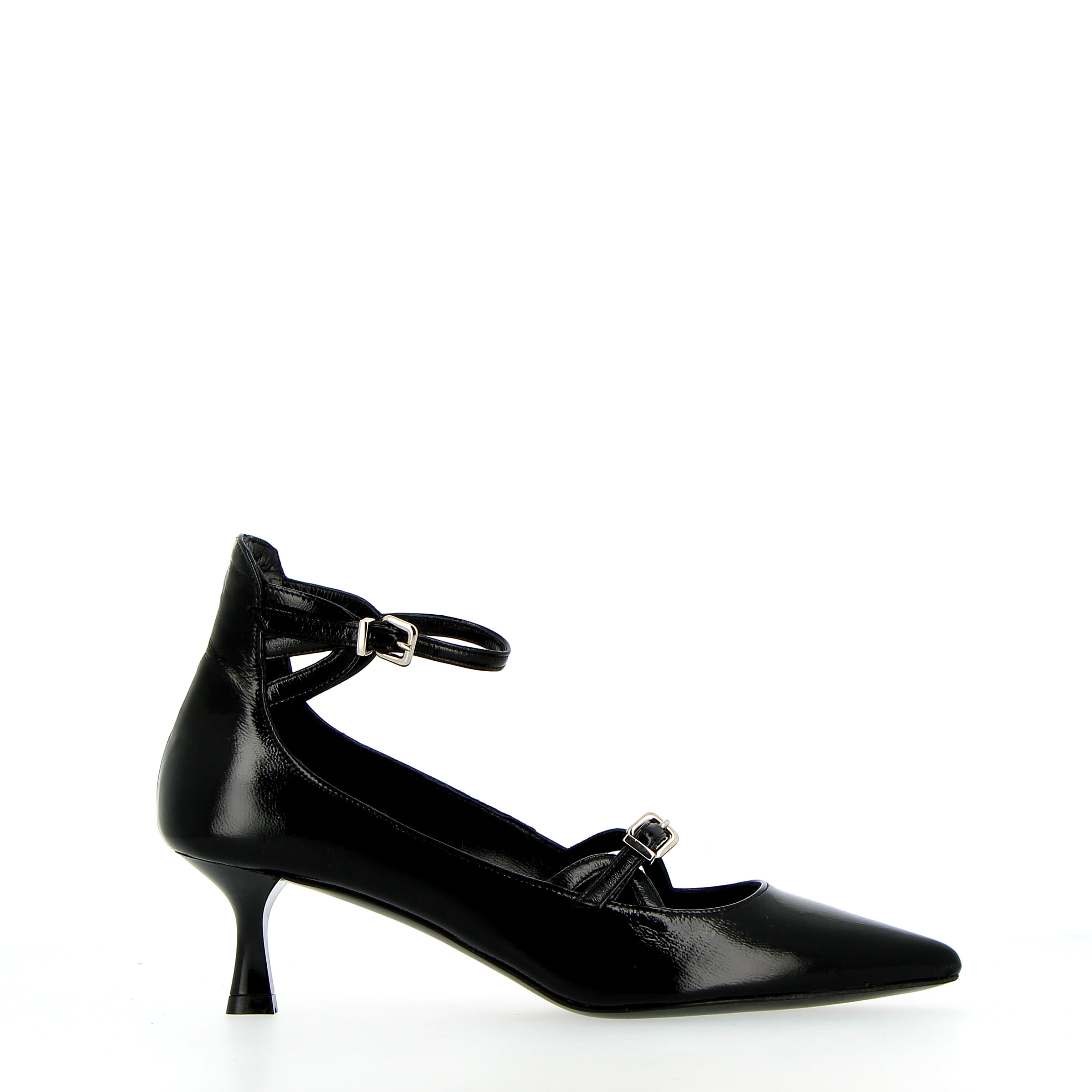 Black patent leather décolleté with straps