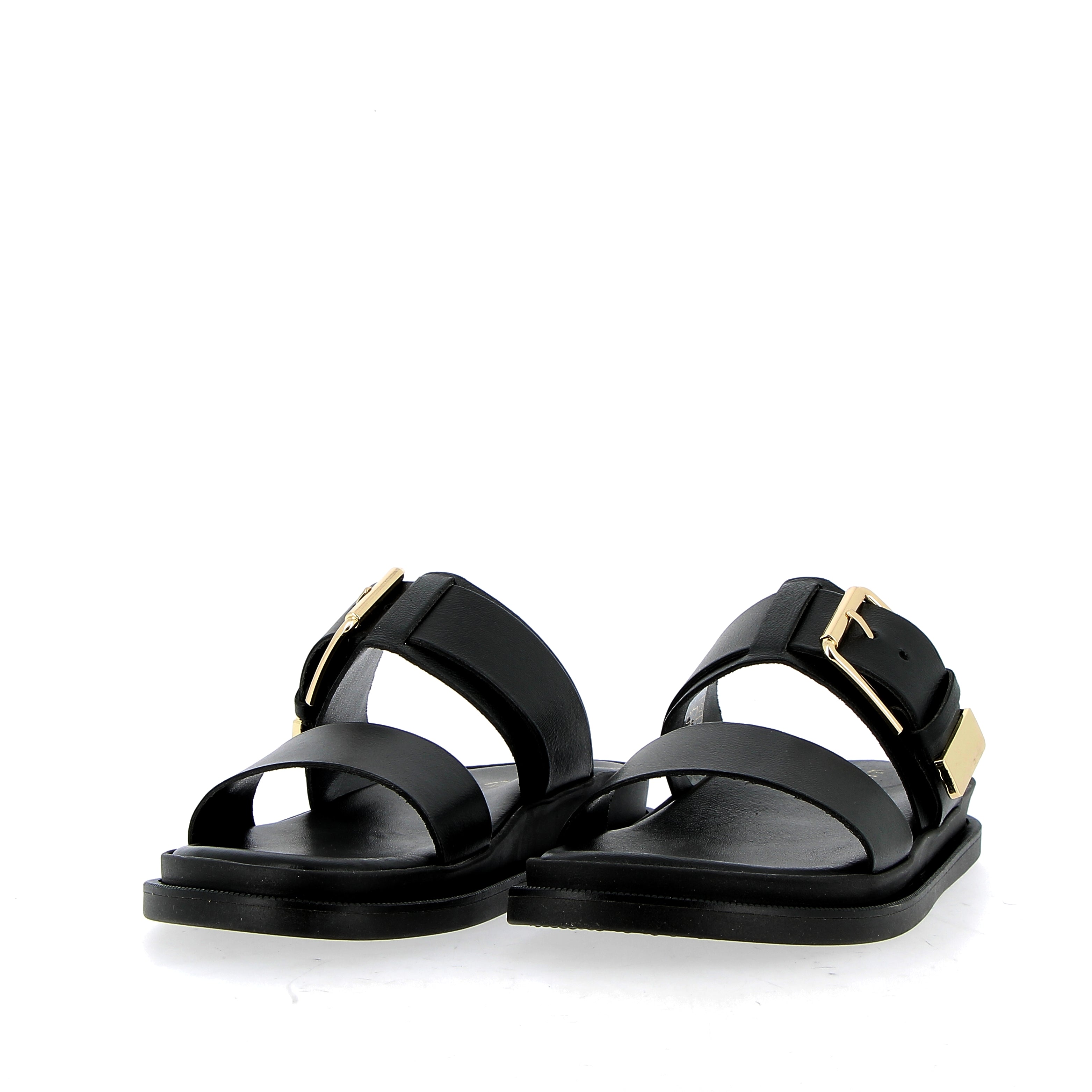 Sandalo in pelle nera con sottopiede imbottito e fibbia