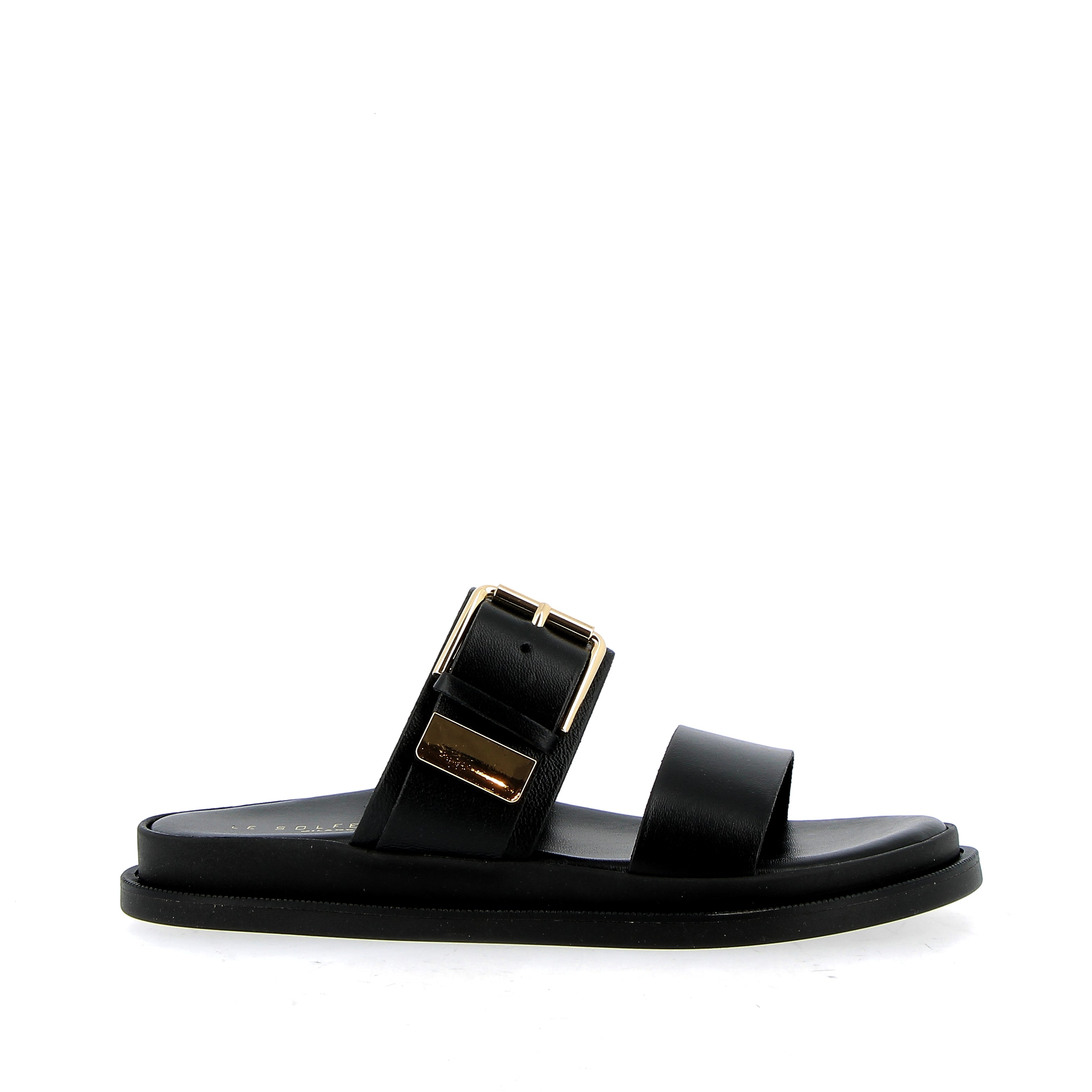 Sandalo in pelle nera con sottopiede imbottito e fibbia