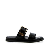 Sandalo in pelle nera con sottopiede imbottito e fibbia