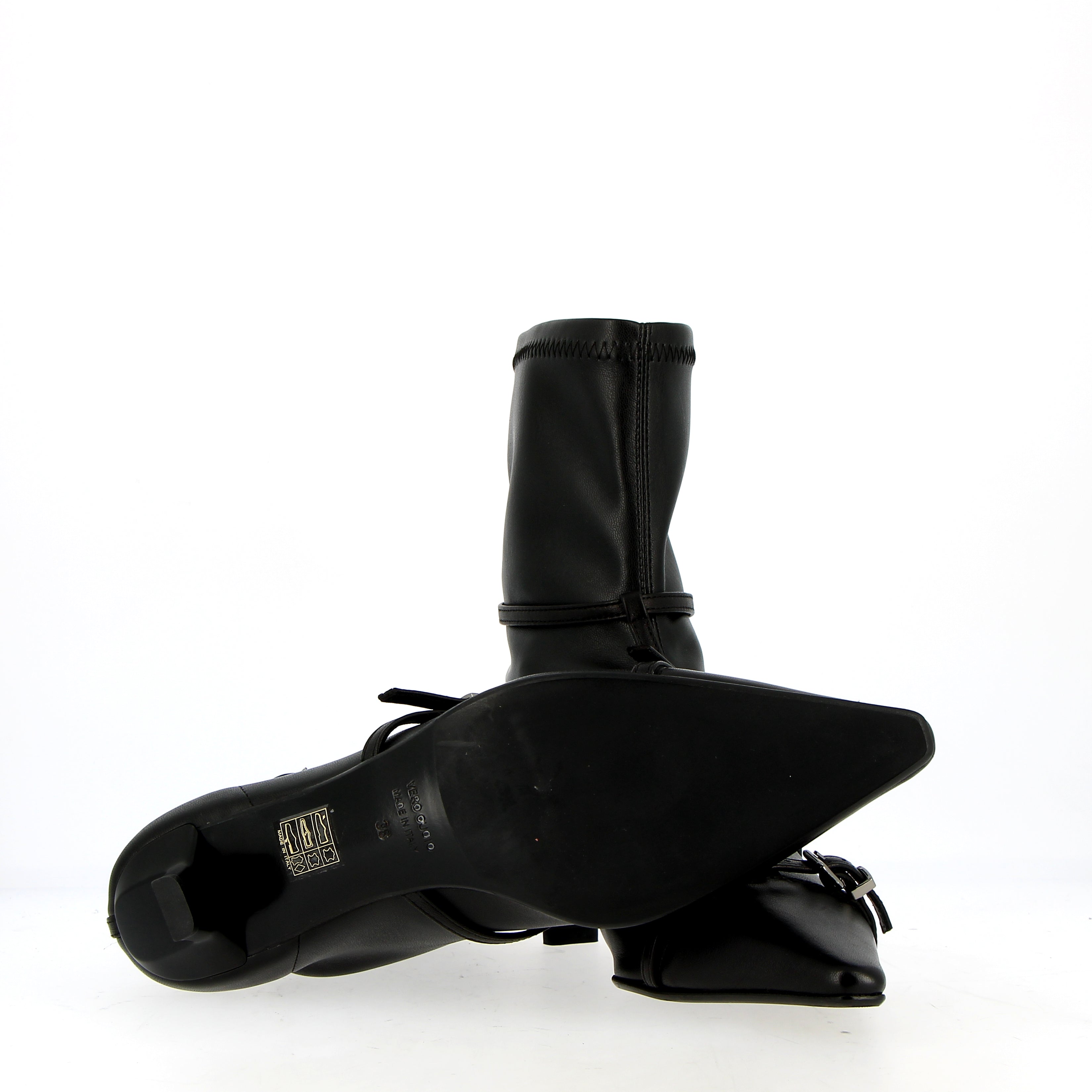 Black stretch ankle boot with straps