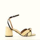 Cream and black straw knot sandal with medium heel