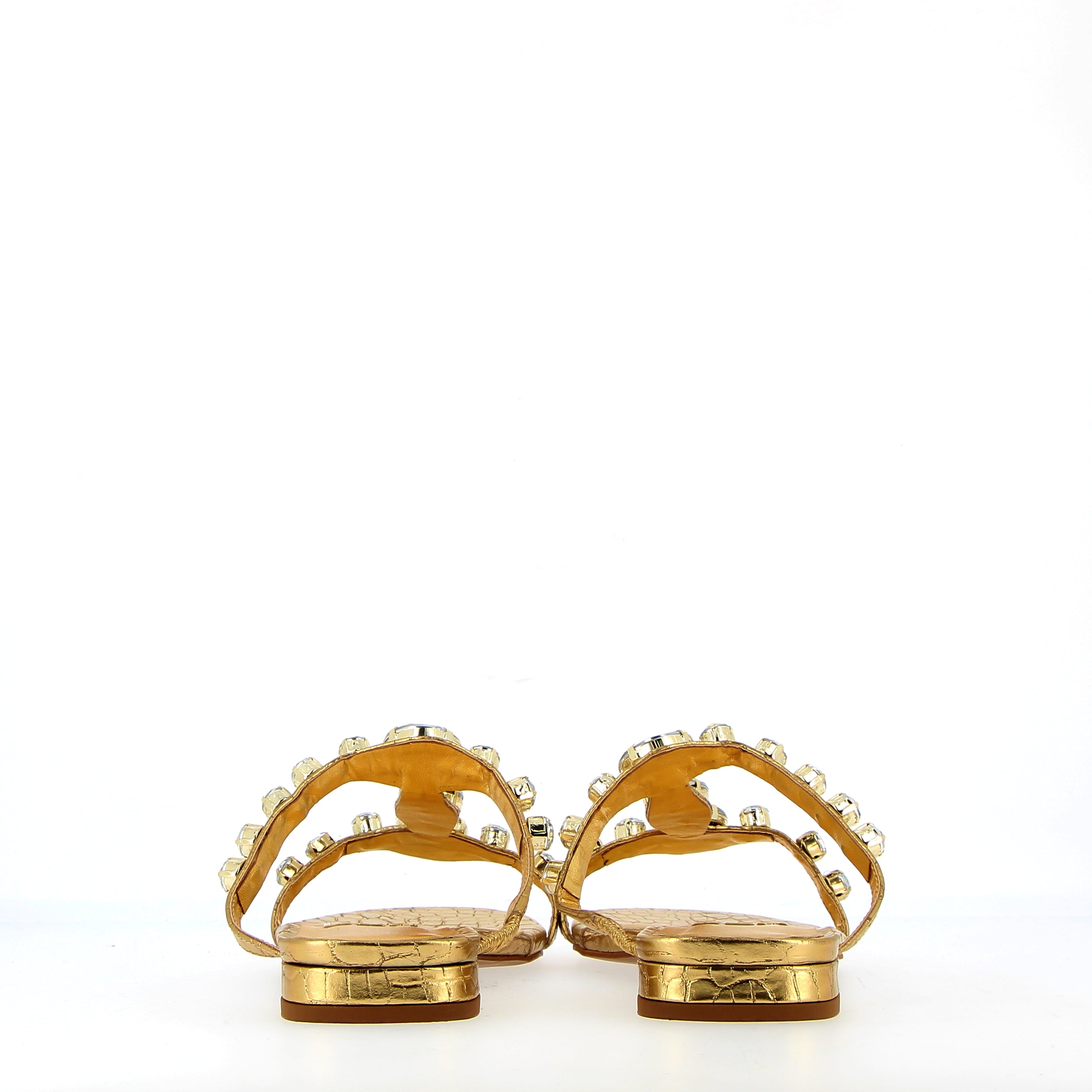 Gold croco flat sandal with rhinestone jewels