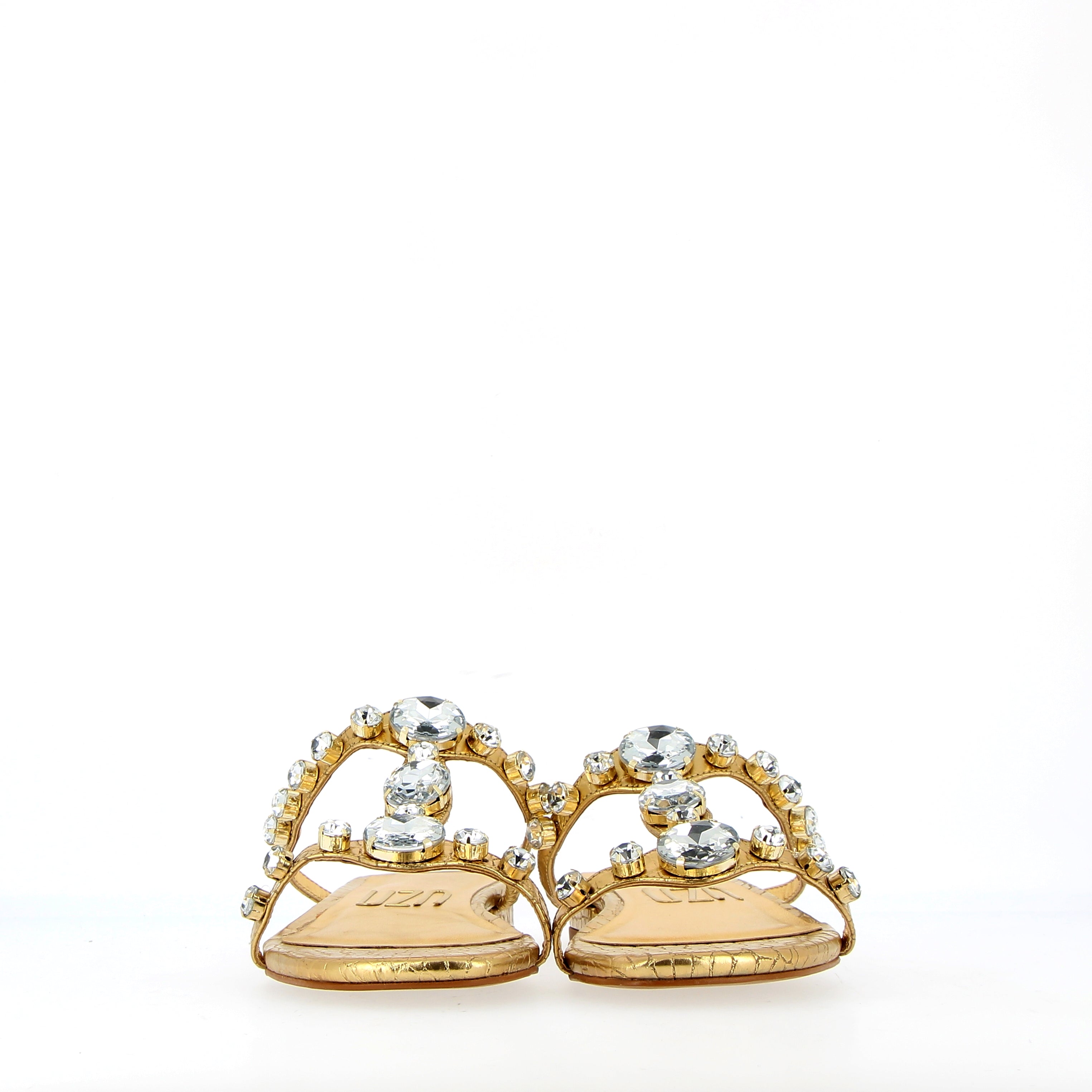 Gold croco flat sandal with rhinestone jewels