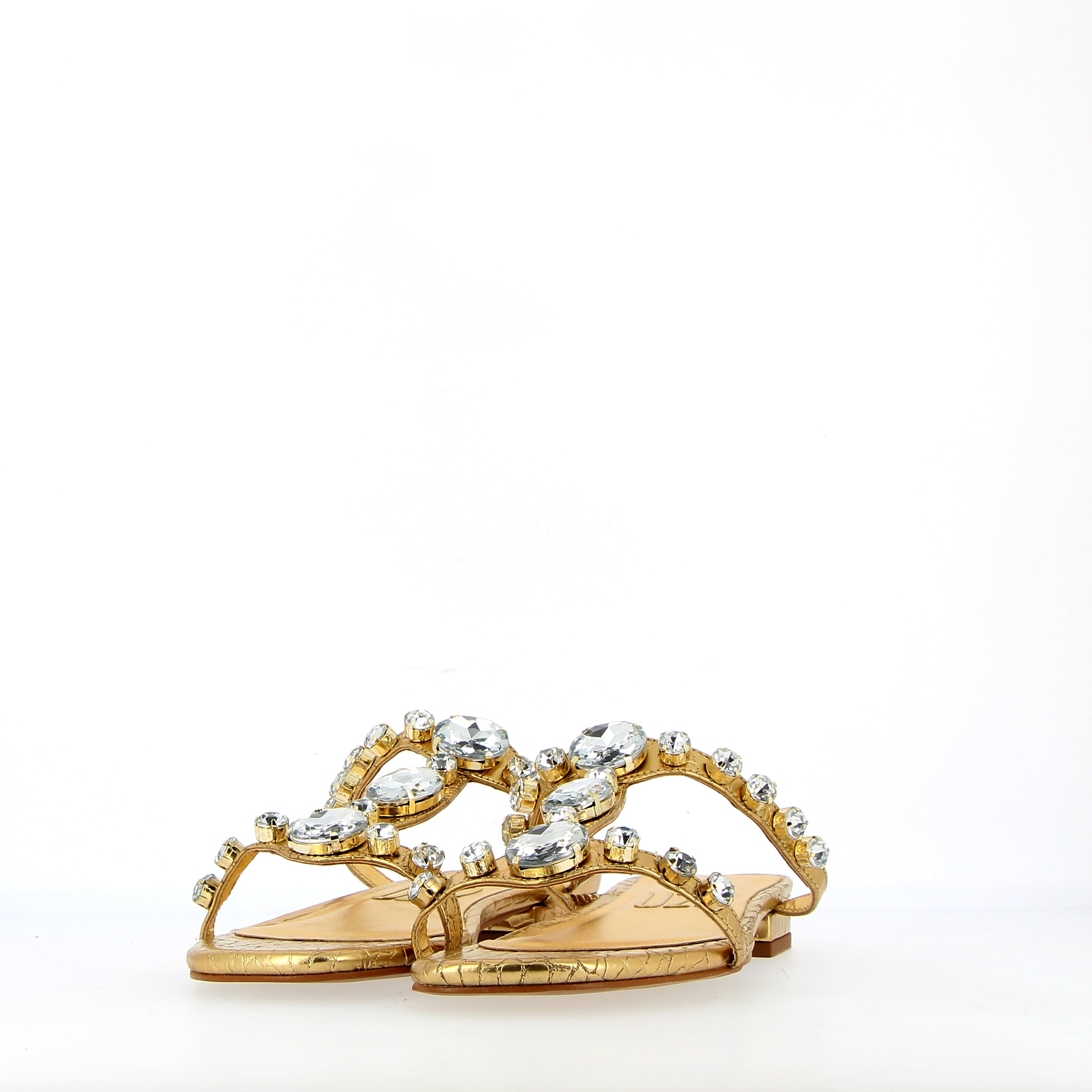 Gold croco flat sandal with rhinestone jewels