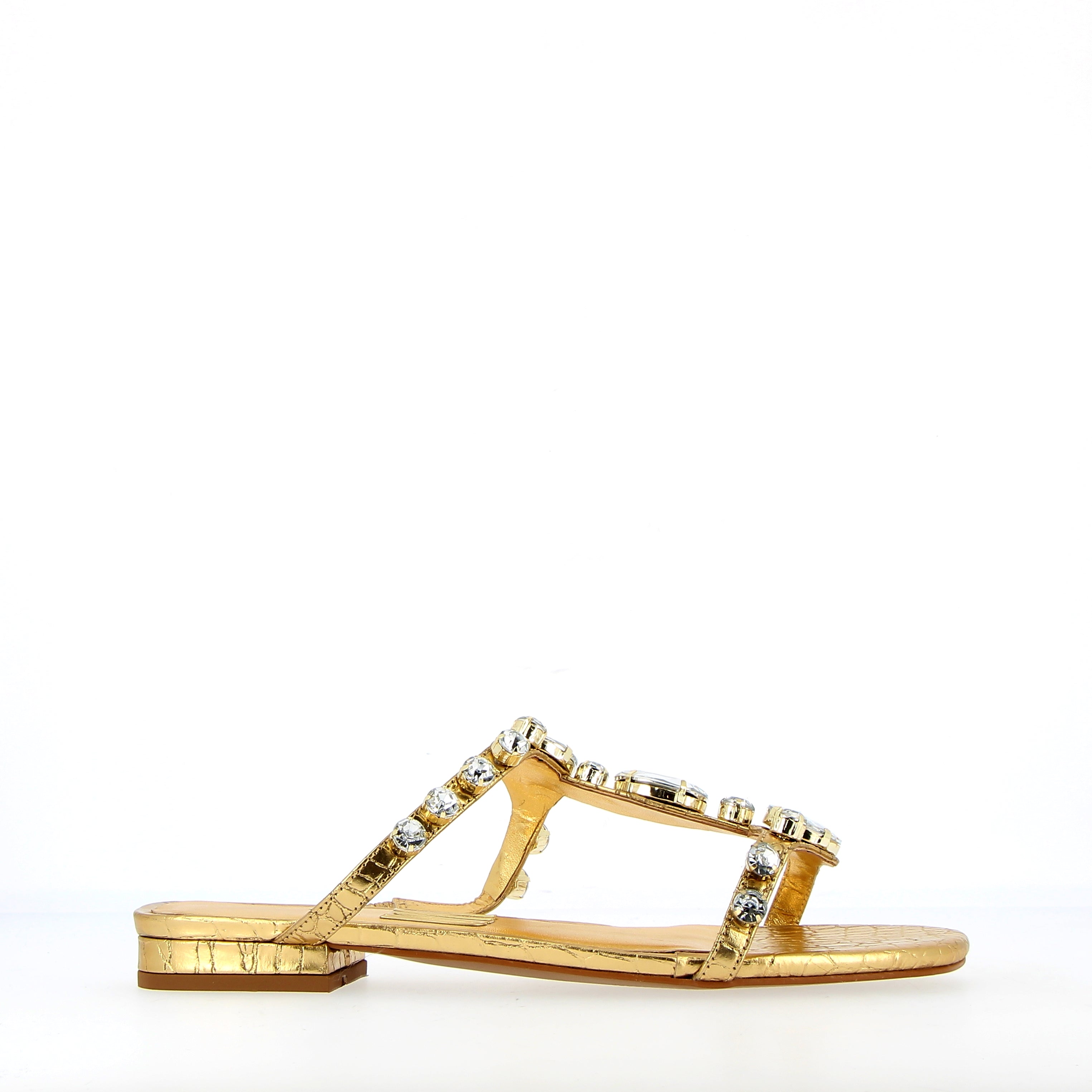 Gold croco flat sandal with rhinestone jewels