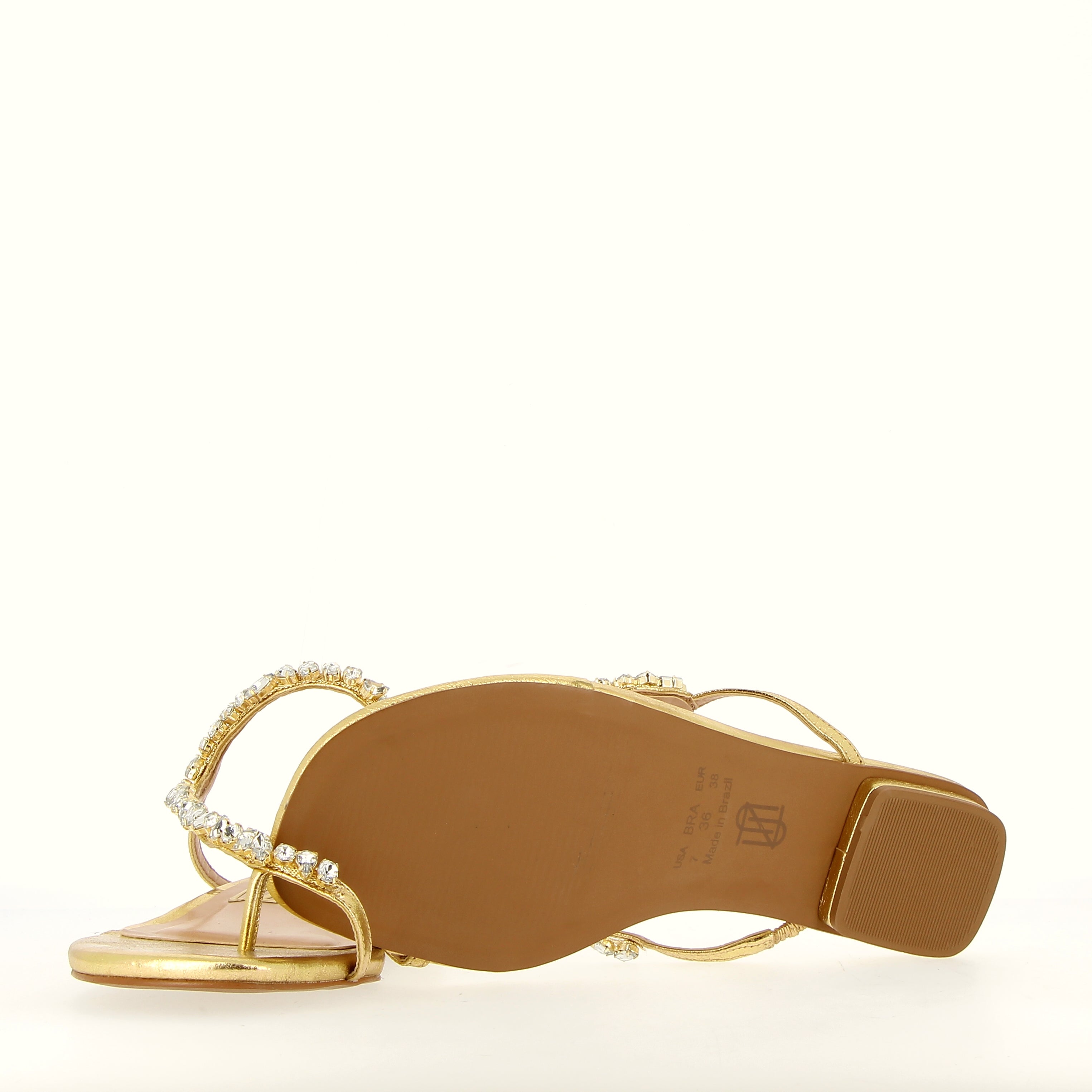Gold flat sandal with rhinestone chain