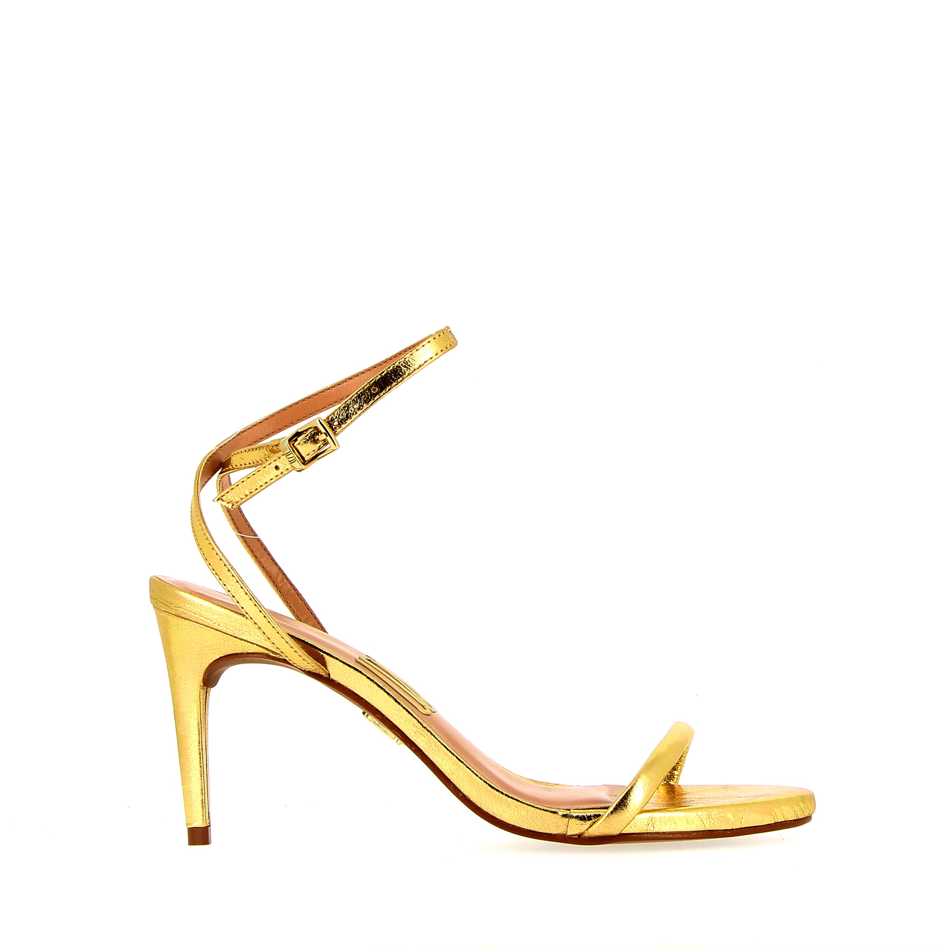 Gold sandal with ankle strap and heel