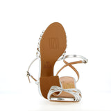 Silver strappy sandal with medium heel