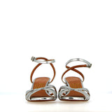 Silver strappy sandal with medium heel