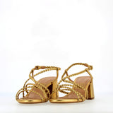 Gold braided sandal with medium heel