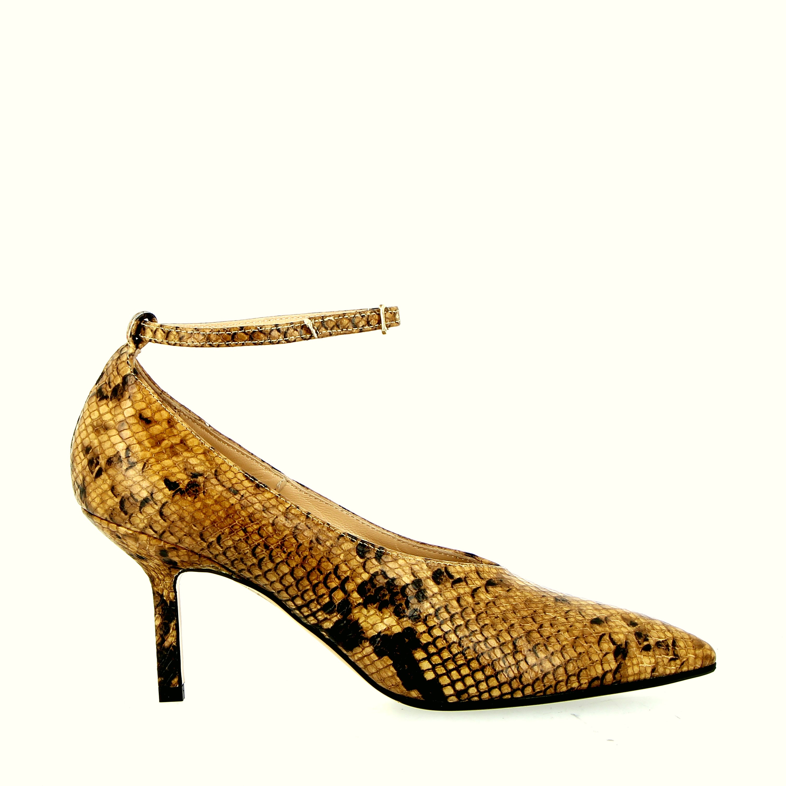 Decolleté su tacco con cinturino in pelle finitura snake