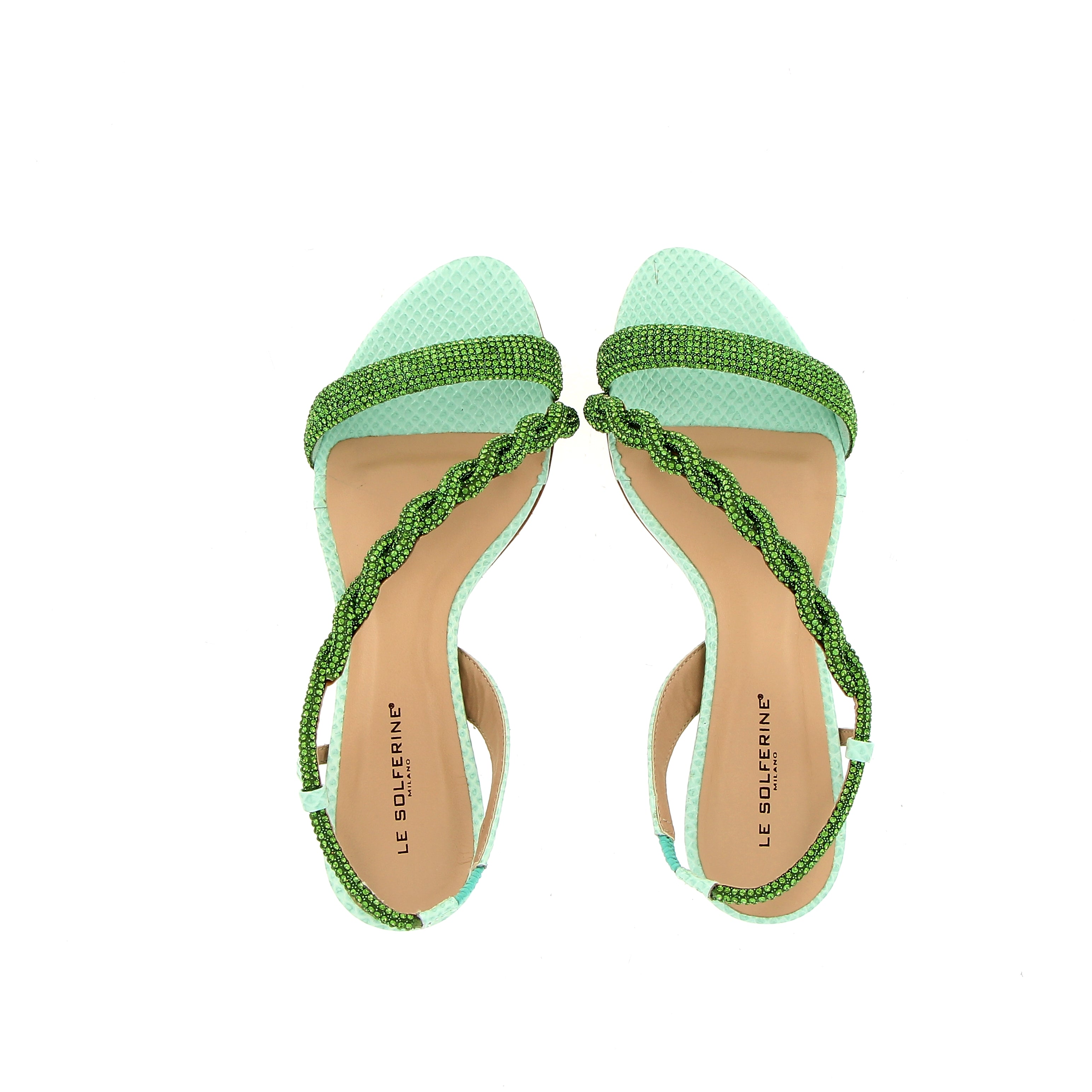 Green sandal with emerald rhinestones